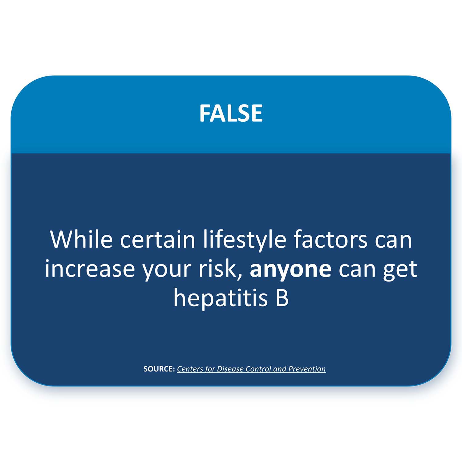 FALSE: While certain lifestyle factors can increase your risk, anyone can get hepatitis B