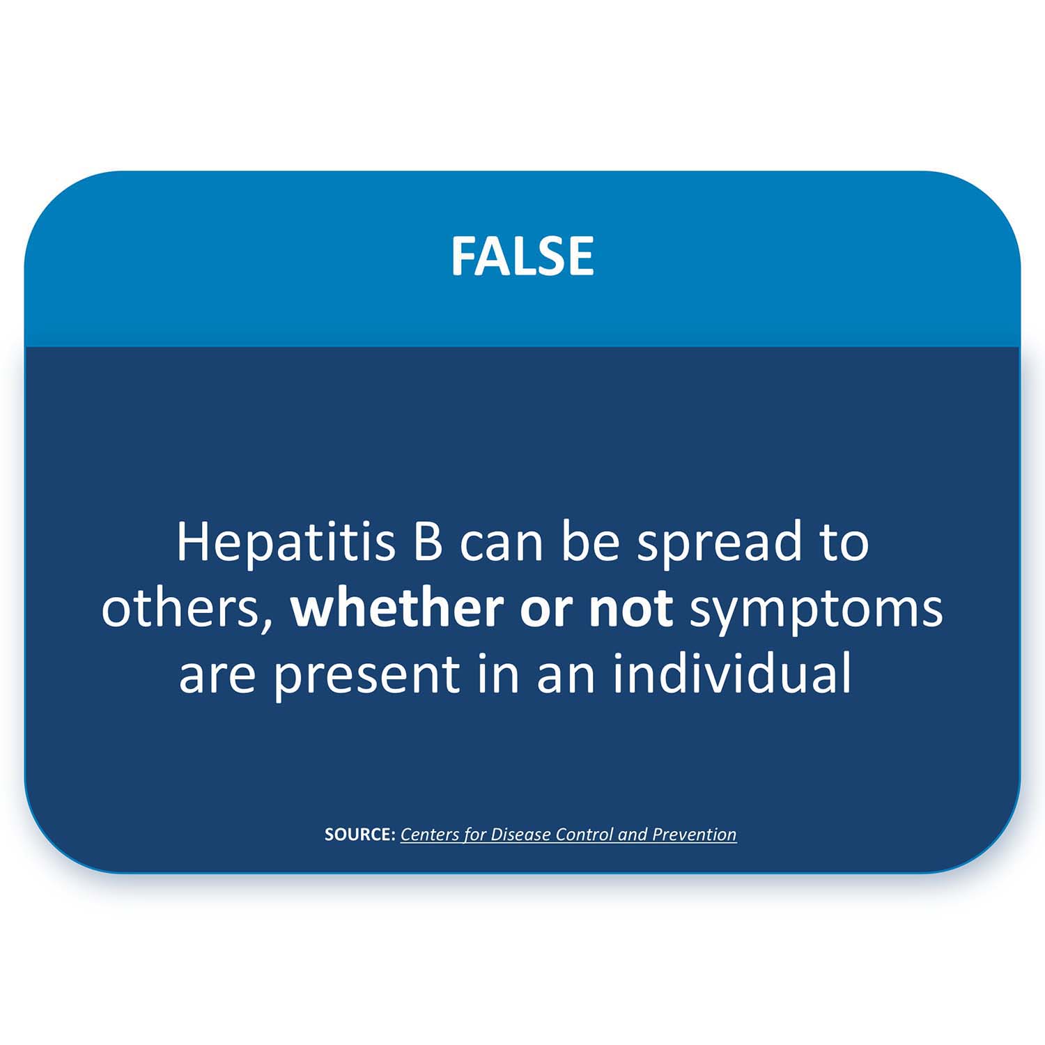FALSE:Hepatitis B can be spread to others, whether or not symptoms are present in an individual